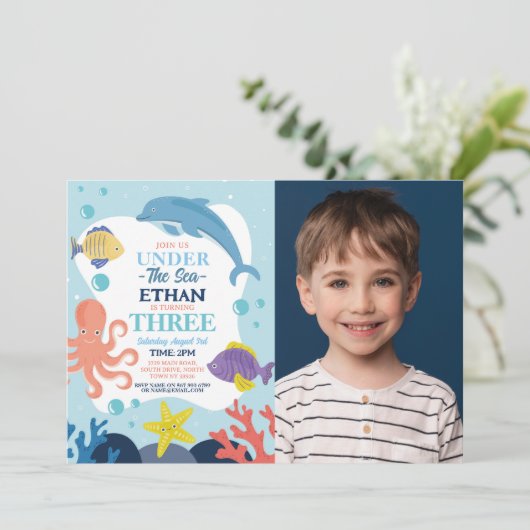 Unterhalb des Meeres - DREI Ozeane - Dolphin Octop Einladung (Stehend Vorderseite)