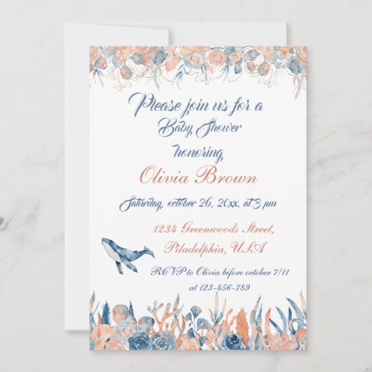 Unterhalb des Meeres Wasserfarben Babydusche Einladung (Vorderseite)