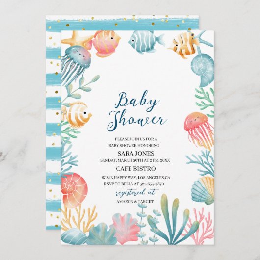 Unterhalb des Meeres Wasserfarben Babydusche Invi Einladung (Vorne/Hinten)