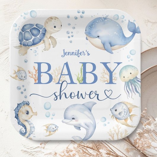 Unterhalb des Sea Baby Shower Boy Blue Ocean Pappteller