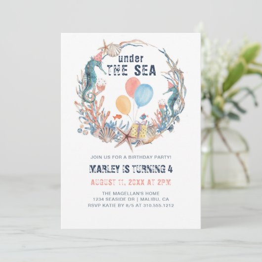 Unterhalb des Seepferds Seashell Starfish Geburtst Einladung (Stehend Vorderseite)