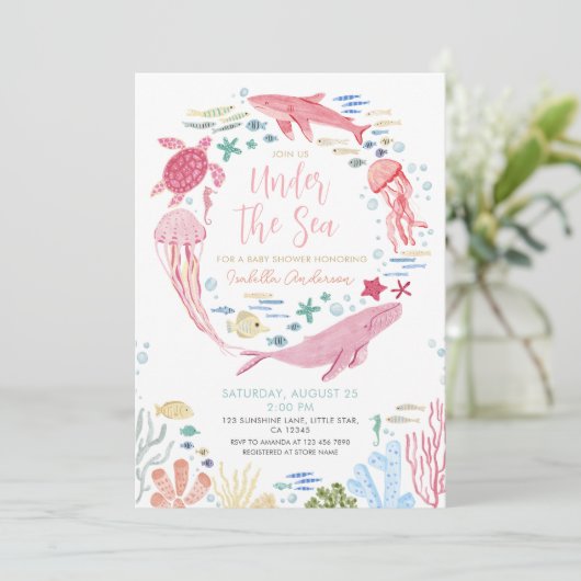 Unterhalb des Whale-Girl-Babydusche Einladung (Stehend Vorderseite)