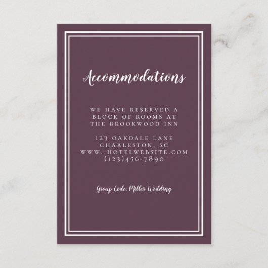 Unterkunft Einfache Cassis Lila Hochzeit Begleitkarte (Vorderseite)