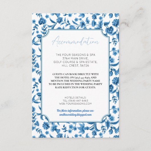 Unterkunft Hochzeit RSVP Chintz Blue White Begleitkarte (Vorderseite)