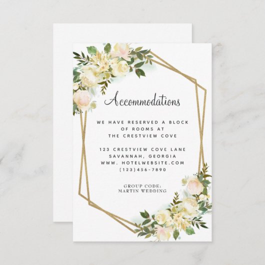 Unterkünfte Hochzeitsdetails Blumengold Weiß Begleitkarte (Vorne/Hinten)
