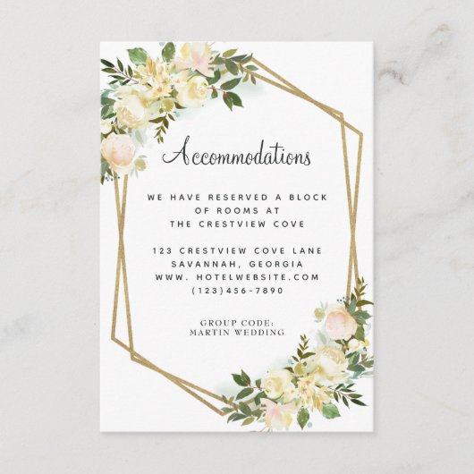 Unterkünfte Hochzeitsdetails Blumengold Weiß Begleitkarte (Vorderseite)