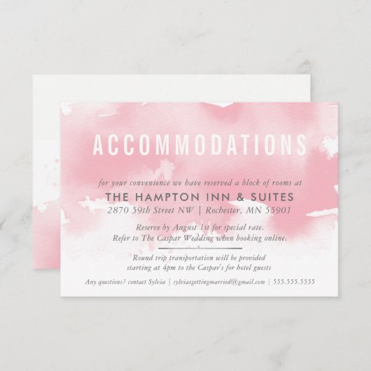 UNTERKÜNFTE-KARTE Stilvolles Aquarellrot Rosa Begleitkarte (Vorne/Hinten)