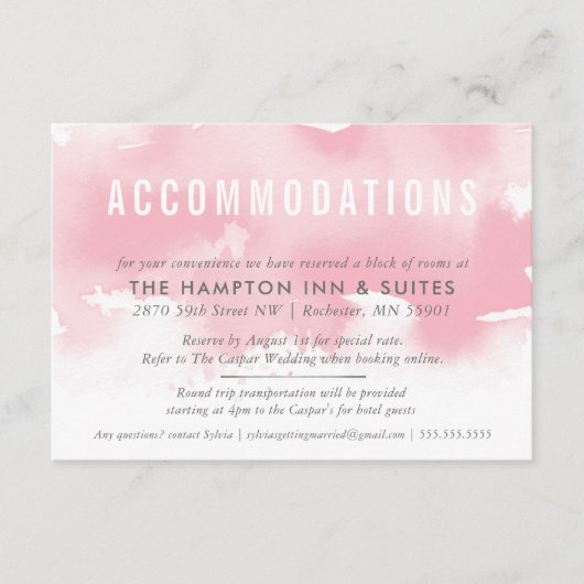 UNTERKÜNFTE-KARTE Stilvolles Aquarellrot Rosa Begleitkarte (Vorderseite)