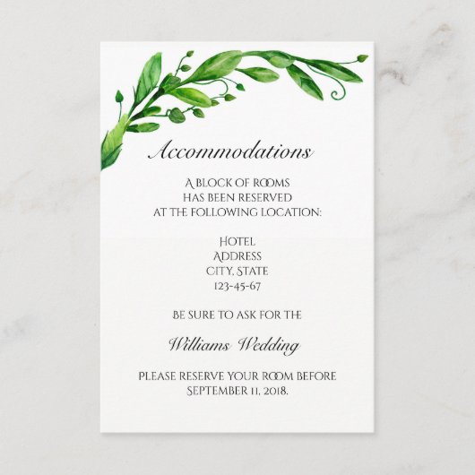 Unterkunftskarte. Grüne Hochzeitsdetails. Info Begleitkarte (Vorderseite)