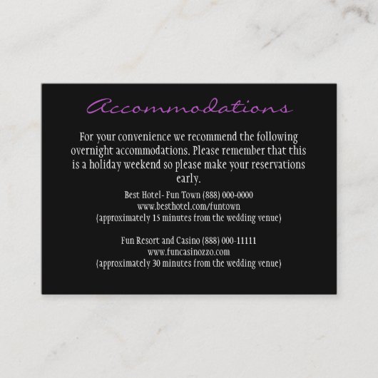 Unterkunftskarten für lila und schwarze Empfang Begleitkarte (Vorderseite)