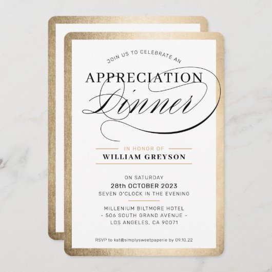 UNTERNEHMENSWERT DINNER Modernes Business Gold Einladung (Vorne/Hinten)