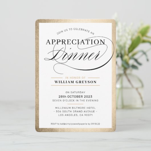 UNTERNEHMENSWERT DINNER Modernes Business Gold Einladung (Stehend Vorderseite)