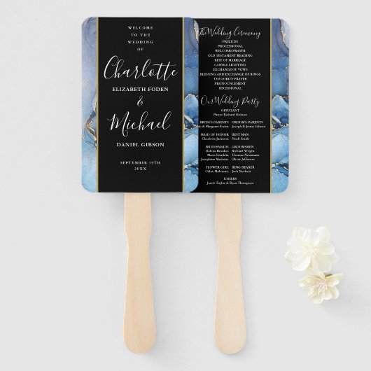 Unterschrift Skript Blau Achat Hochzeitsprogramm Fächer (Vorne und Hinten)