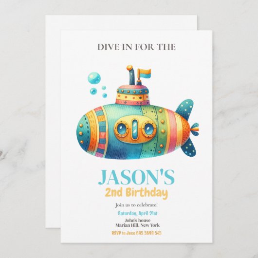 Unterseeboot-Kindergeburtstag-Party Einladung (Vorne/Hinten)