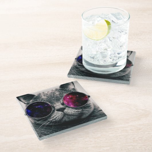 Untersetzer aus Glas - Coole Katze (Schrägansicht)