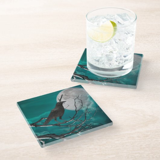 Untersetzer aus Glas, der Rabe in Grün (Schrägansicht)