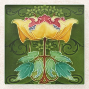 Untersetzer aus Glas, gelb, floral Art Nouveau