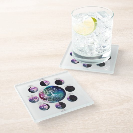 Untersetzer aus Glas mit Mondphasen & Lebensbaum (Schrägansicht)