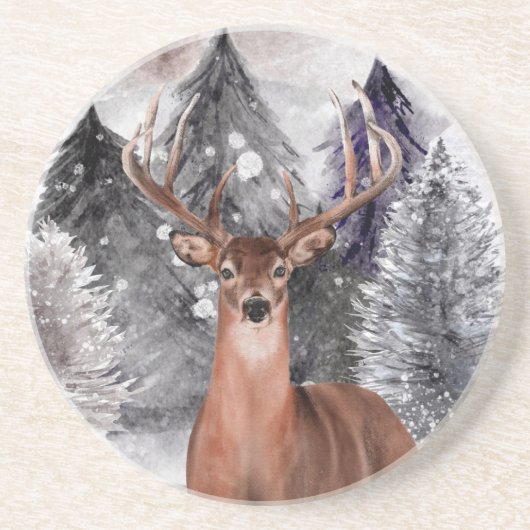 Untersetzer Deer Buck Watercolor Winterwald (Vorne)