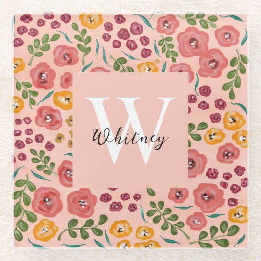 Untersetzer mit handbemaltem Blumenrosa (Vorderseite)