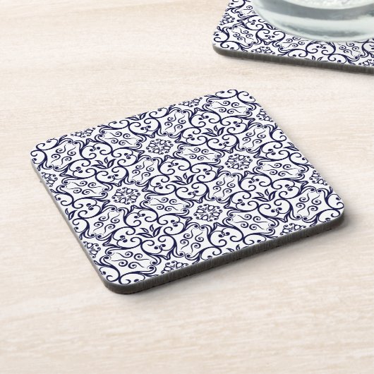 Untersetzer von Navy Blue & White Damask Cork (Linke Seite)