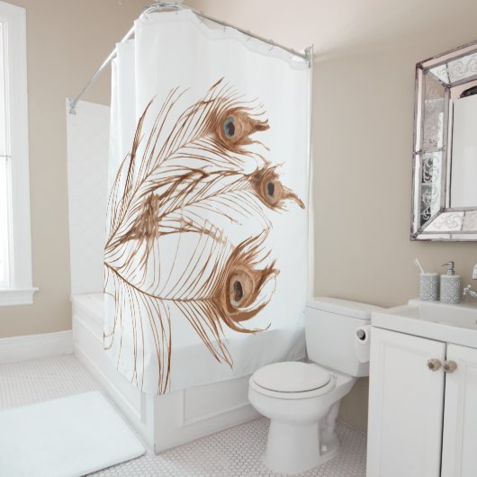 Unterstrichene geometrische Pfauenfedern auf Weiß Duschvorhang (Beispiel)