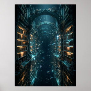 Unterwasser-Bibliotheks-Fantasie-Kunst Poster