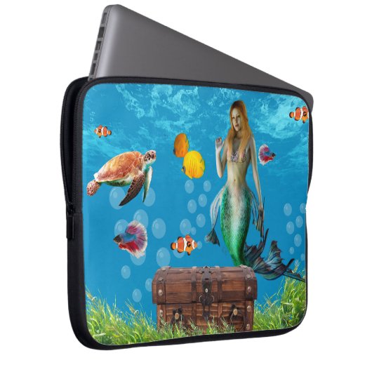 Unterwasser Meerjungfrau Schatzsuche Fantasy Blue Laptopschutzhülle (Vorne Rechts)
