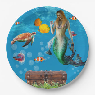 Unterwasser Meerjungfrau Schatzsuche Fantasy Blue Pappteller