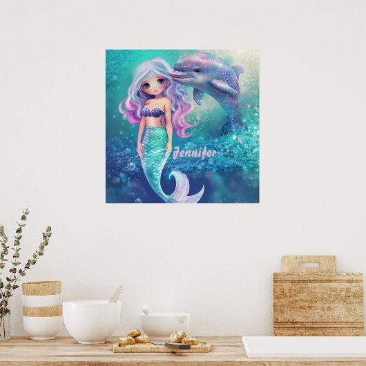 Unterwasser-Meerjungfrau und Dolphin Poster (Küche)