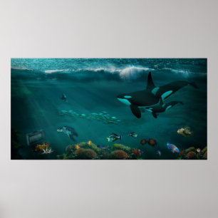 Unterwasser-Ozean-Schwertwale Meeresschildkröten F Poster