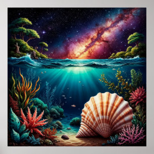 Unterwasser-Riffszene mit Milchstraße Poster