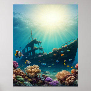 Unterwasser-Schiffswrack auf einem Riff Poster
