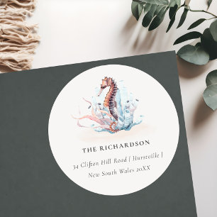 Unterwasser-Seepferdchen-Seetang-Korallen-Adresse Runder Aufkleber