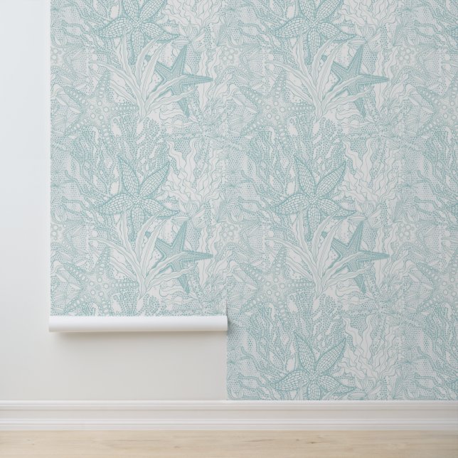 Unterwasserfarbene Pflanze Starfish Aqua Küste Tapete (Anwendung)