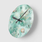 Unterwasserkorallen und Muscheln in Aquamariner Wa Runde Wanduhr (Winkel)