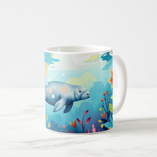 Unterwassermanatee und Blumenfantasie Kunst und Ku Kaffeetasse (VorderseiteRechts)