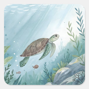 Unterwasserwelt mit Schildkröte Quadratischer Aufkleber