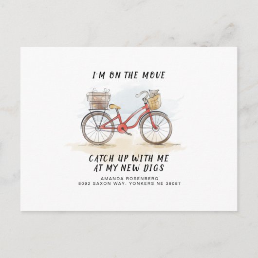 Unterwegs mit Cat Red Bicycle Moving Address Ankündigungspostkarte (Vorderseite)