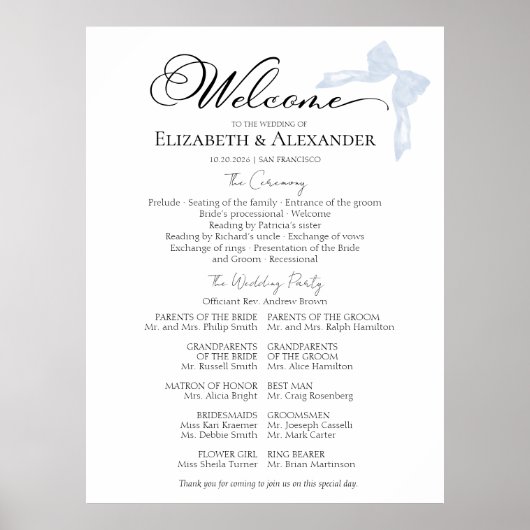Unterzeichnung des Hochzeitsprogramms | Blue Bow Poster (Vorne)