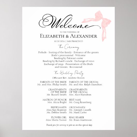 Unterzeichnung des Hochzeitsprogramms | Pink Bow Poster (Vorne)