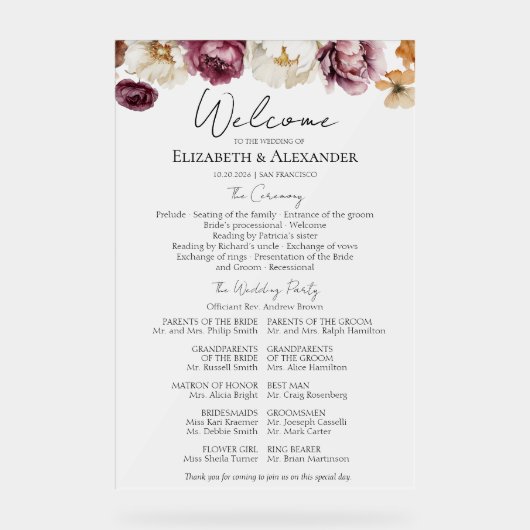 Unterzeichnung des Programms für die Hochzeitsfeie Acrylschild (Vorderseite)