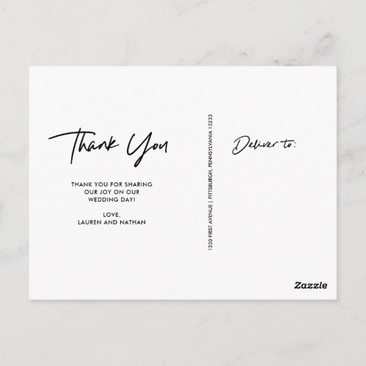 Unverkennbar | White Script Wedding Foto Vielen Da Postkarte (Rückseite)