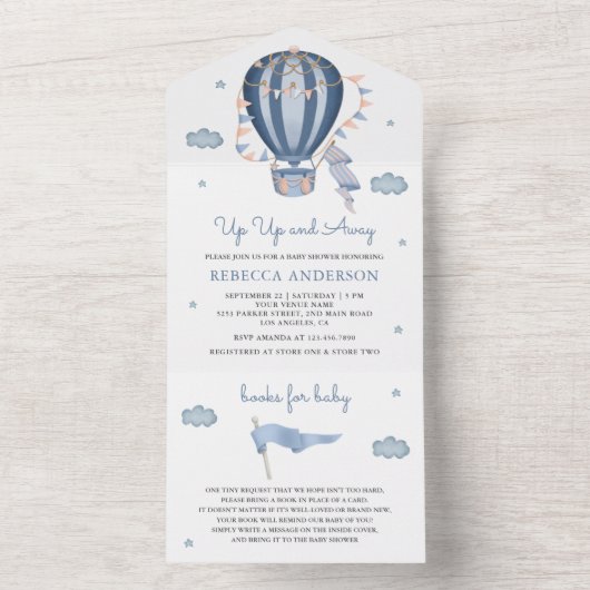 Up and Away Blue Hot Air Ballon Babydusche All In One Einladung (Innen Boden)