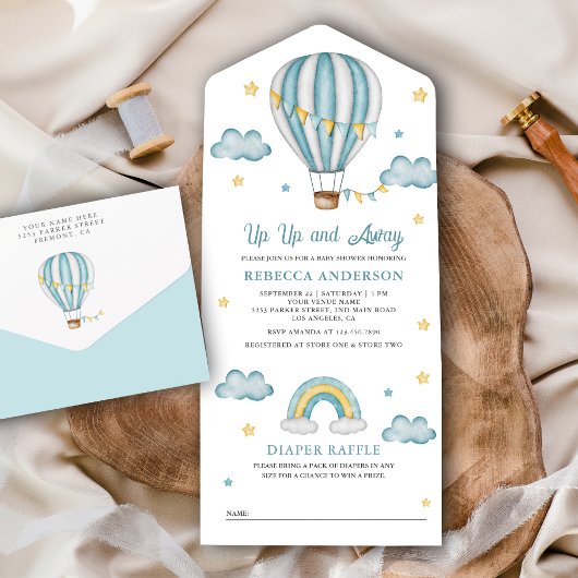 Up and Away Blue Hot Air Ballon Babydusche All In One Einladung
