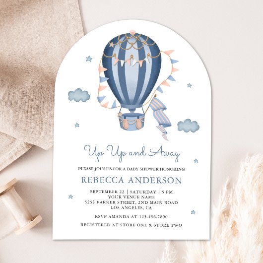 Up and Away Blue Hot Air Ballon Babydusche Einladung