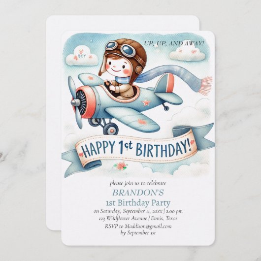 Up & Away 1. Geburtstagsjunge Flugzeug Einladung (Vorne/Hinten)