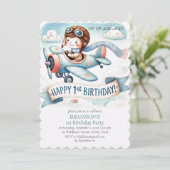 Up & Away 1. Geburtstagsjunge Flugzeug Einladung (Stehend Vorderseite)