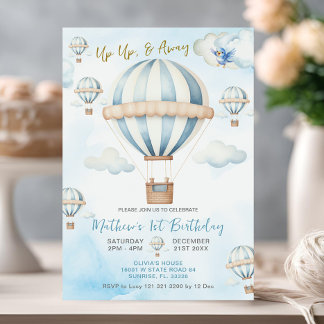 Up & Away Blue Hot Air Ballon Boy 1. Geburtstag Einladung