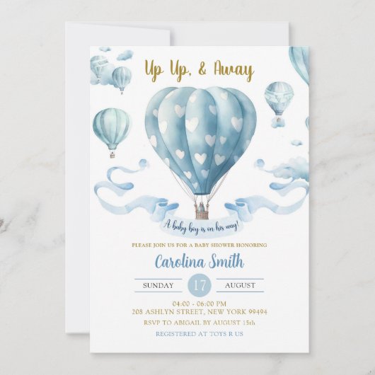 Up & Away Blue Hot Air Ballon Boy Baby Dusche Einladung (Vorderseite)